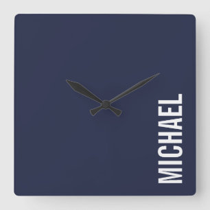 Navy Blue Modern Minimalist Personalised Name Square Wall Clock