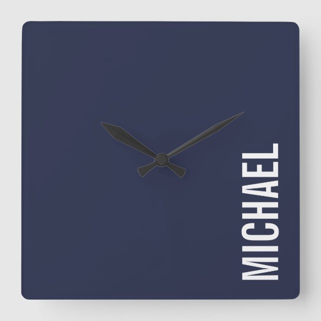 Navy Blue Modern Minimalist Personalised Name Square Wall Clock (Front)
