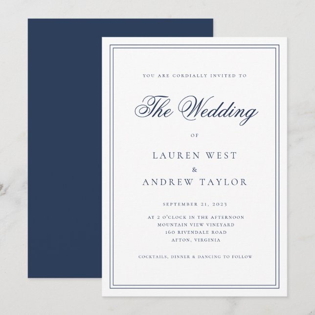 Navy Blue Modern Minimalist The Wedding of Invitation (Front/Back)