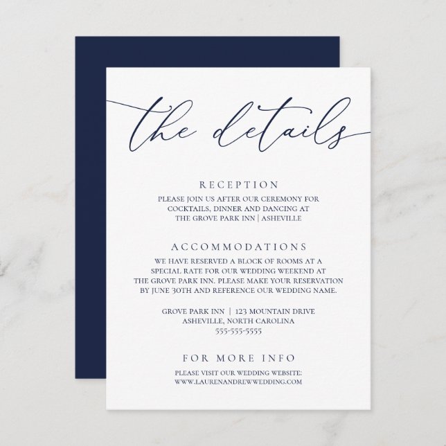 Navy Blue Modern Minimalist Wedding Enclosure Card (Front/Back)