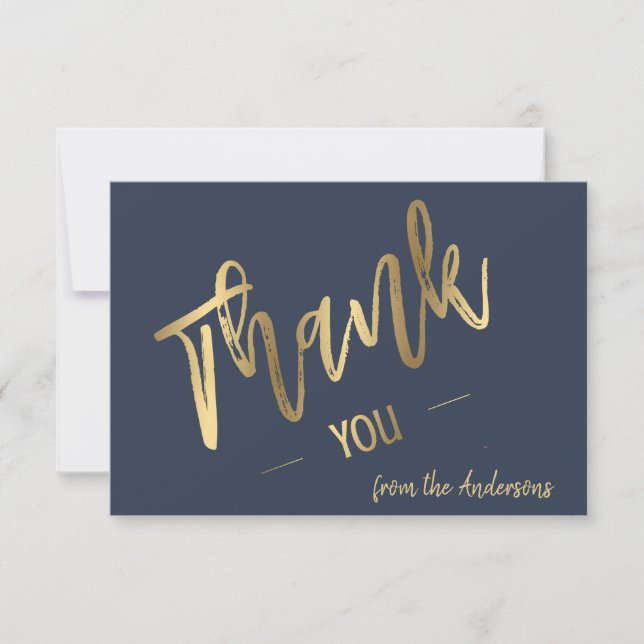 Navy Blue Modern Minimalist Wedding Gold Flat Thank You Card (Front)