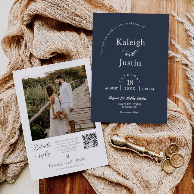 Navy Blue Modern Minimalist Wedding QR Code Photo Invitation (Creator Uploaded)