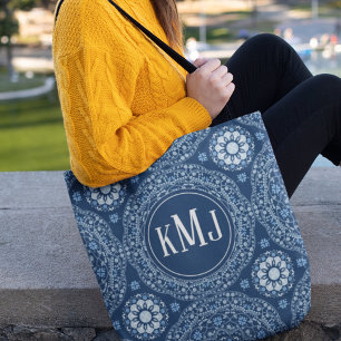 Navy Blue Modern Monogram Personalised Tote Bag