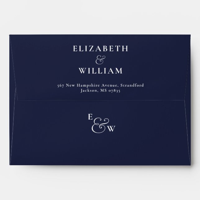 Navy Blue Modern Monogram Return Address Envelope (Back (Top Flap))