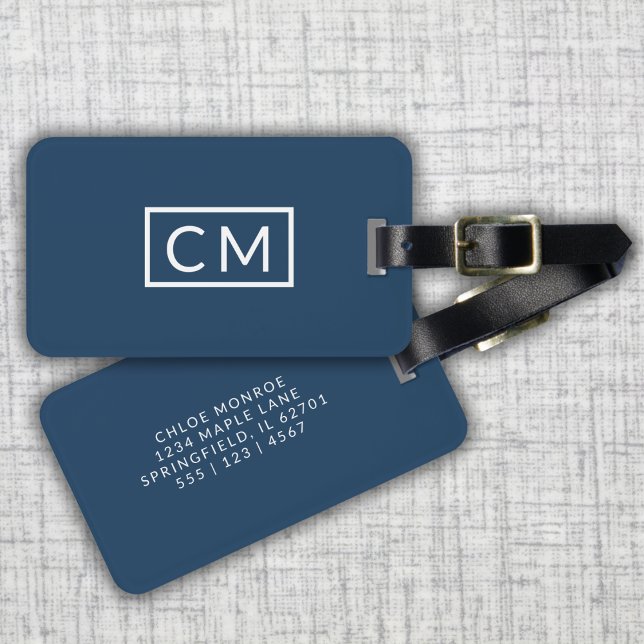 Navy Blue Modern Monogram Simple Initials Luggage Tag (Creator Uploaded)