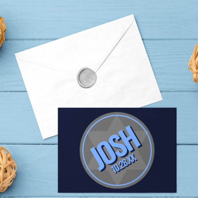 Navy Blue Modern Name Logo Bar Mitzvah Note Card (Creator Uploaded)