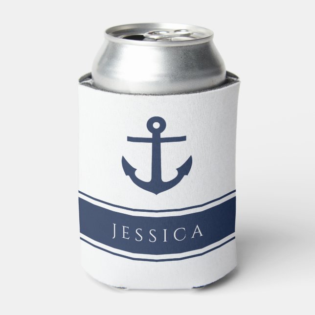 Navy Blue Modern Nautical Anchor Custom Name Can Cooler (Can Front)