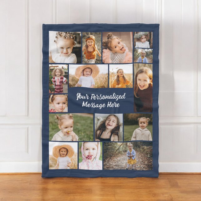 Navy Blue Modern Personalised 16 Photo Collage Fleece Blanket (Creator Uploaded)