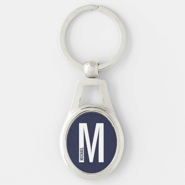 Navy Blue Modern Personalised Monogram and Name Key Ring (Front)