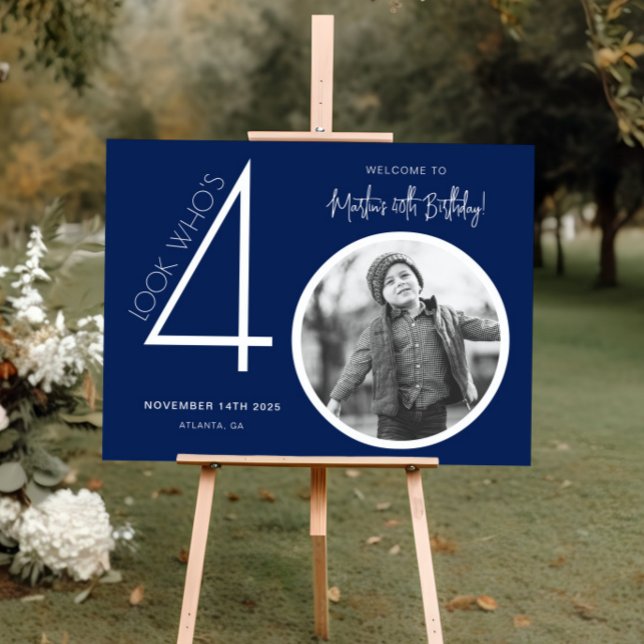 Navy Blue Modern Photo 40th Birthday Welcome Sign (Creator Uploaded)