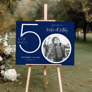 Navy Blue Modern Photo 50th Birthday Welcome Sign