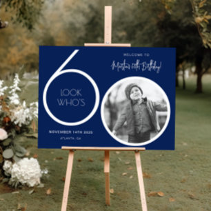 Navy Blue Modern Photo 60th Birthday Welcome Sign