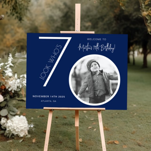 Navy Blue Modern Photo 70th Birthday Welcome Sign (Creator Uploaded)
