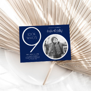 Navy Blue Modern Photo 90th Birthday Invitation