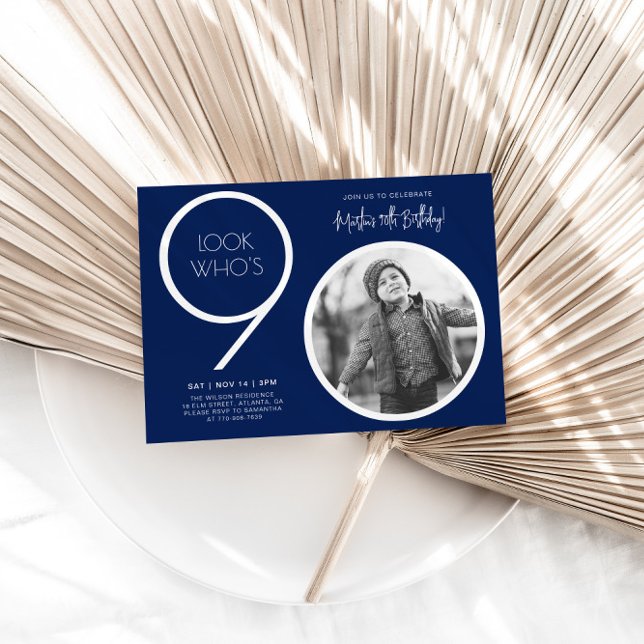 Navy Blue Modern Photo 90th Birthday Invitation (Creator Uploaded)
