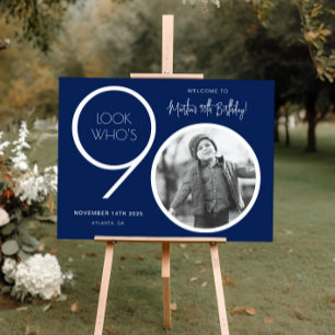 Navy Blue Modern Photo 90th Birthday Welcome Sign