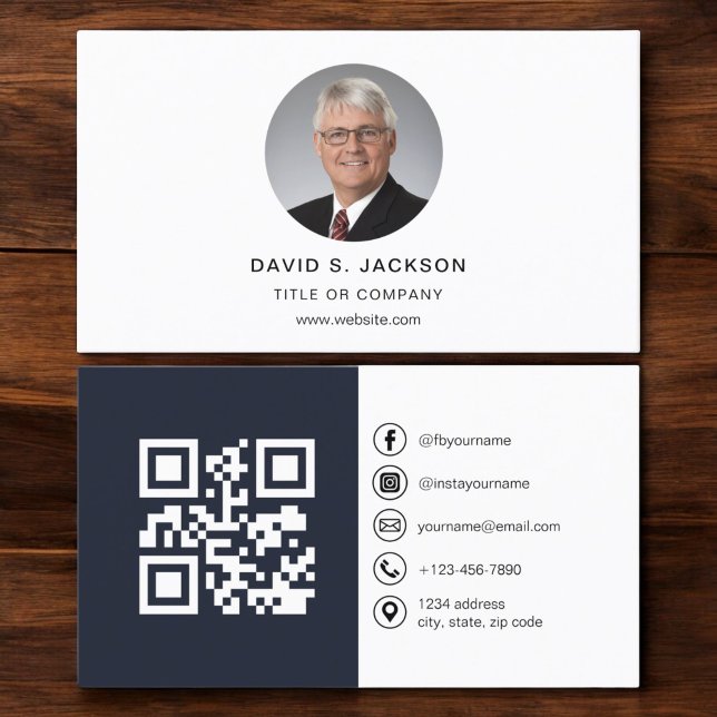 Navy Blue Modern Photo with QR Code Social Media Business Card (Creator Uploaded)