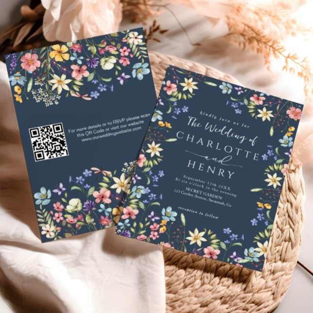  Navy Blue Modern QR Code Wildflower Wedding  Invitation (Creator Uploaded)