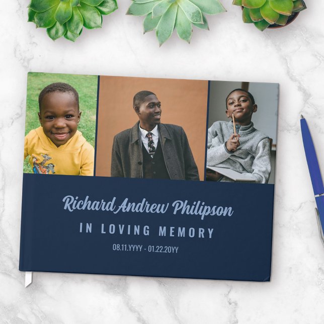 Navy Blue Modern Script 3 Photos In Loving Memory Guest Book (Creator Uploaded)