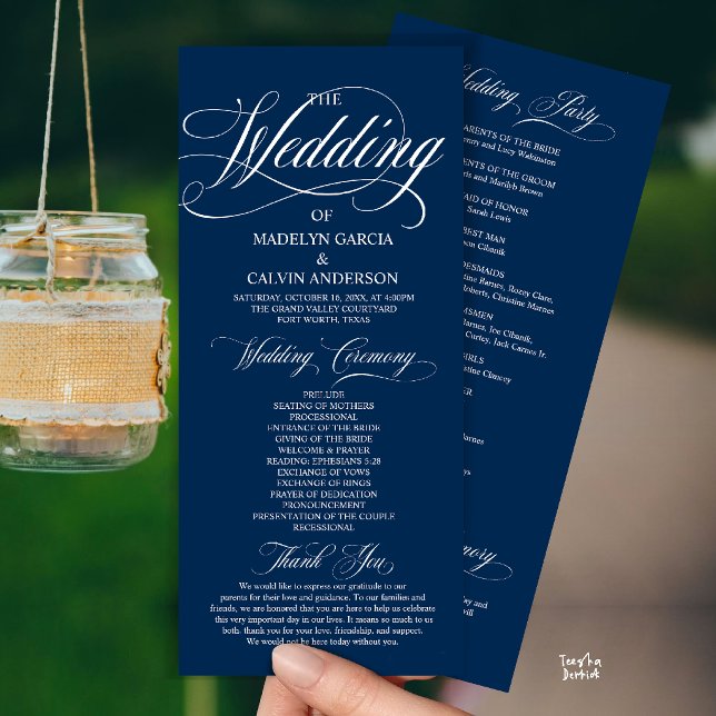 Navy Blue Modern Script All In One Wedding Programme (Modern Script All In One Wedding Program Card in Navy Blue)