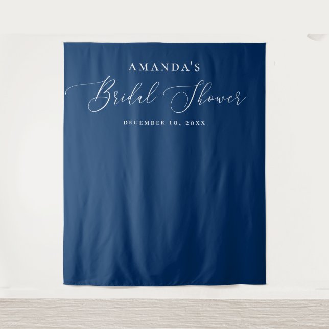 Navy Blue Modern Script Bridal Shower Backdrop Tapestry (Front)
