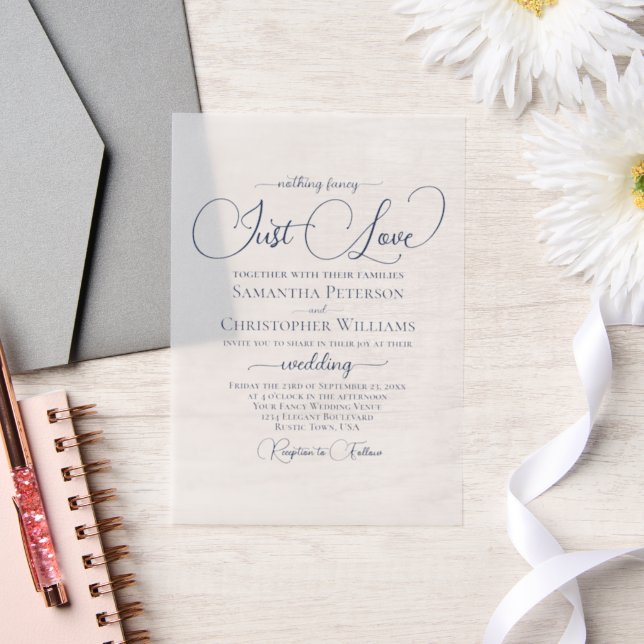 Navy Blue Modern Script Just Love Wedding Vellum Invitations (Wedding)