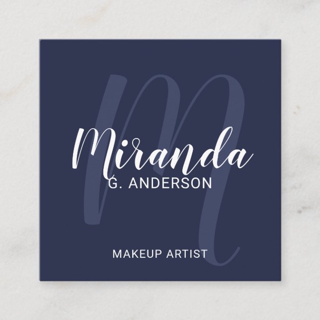 Navy Blue Modern Script Monogram and Name Square Business Card (Front)
