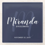 Navy Blue Modern Script Personalised Bridesmaids Glass Coaster<br><div class="desc">Add a personal touch to your wedding with personalised bridesmaids gift glass coaster. This coaster features personalised bridesmaid's name in white modern script font style and monogram in light navy blue modern script font style as background with title and wedding date in white modern sans serif font style on navy...</div>
