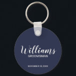Navy blue Modern Script Personalised Groomsman Key Ring<br><div class="desc">Personalised Groomsman Gifts
featuring personalised groomsman's name in white modern script font style with title and wedding date in modern sans serif font style on navy blue background.

Also perfect for best man,  father of the bride,  bridesmaid,  maid of honour,  mother of the bride and more.</div>