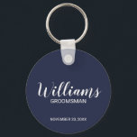Navy blue Modern Script Personalised Groomsman Key Ring<br><div class="desc">Personalised Groomsman Gifts
featuring personalised groomsman's name in white modern script font style with title and wedding date in modern sans serif font style on navy blue background.

Also perfect for best man,  father of the bride,  bridesmaid,  maid of honour,  mother of the bride and more.</div>