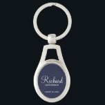 Navy Blue Modern Script Personalised Groomsman Key Ring<br><div class="desc">Personalised Groomsman Gifts
featuring personalised groomsman's name in white modern script font style with title and wedding date in modern sans serif font style on navy blue background.

Also perfect for best man,  father of the bride,  bridesmaid,  maid of honour,  mother of the bride and more.</div>