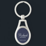 Navy Blue Modern Script Personalised Groomsman Key Ring<br><div class="desc">Personalised Groomsman Gifts
featuring personalised groomsman's name in white modern script font style with title and wedding date in modern sans serif font style on navy blue background.

Also perfect for best man,  father of the bride,  bridesmaid,  maid of honour,  mother of the bride and more.</div>