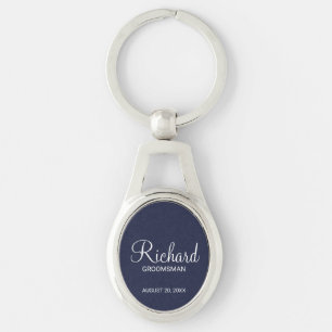 Navy Blue Modern Script Personalised Groomsman Key Ring