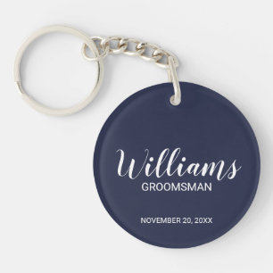 Navy Blue Modern Script Personalised Groomsman Key Ring