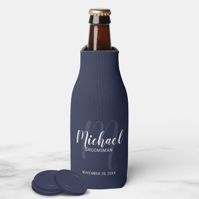 Navy Blue Modern Script Personalised Groomsmen Bottle Cooler (Creator Uploaded)