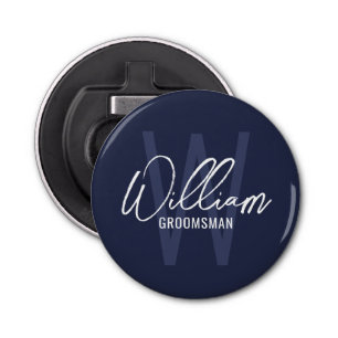 Navy Blue Modern Script Personalised Groomsmen Bottle Opener