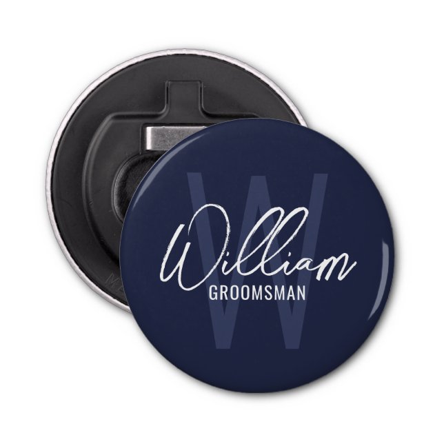 Navy Blue Modern Script Personalised Groomsmen Bottle Opener (Front)