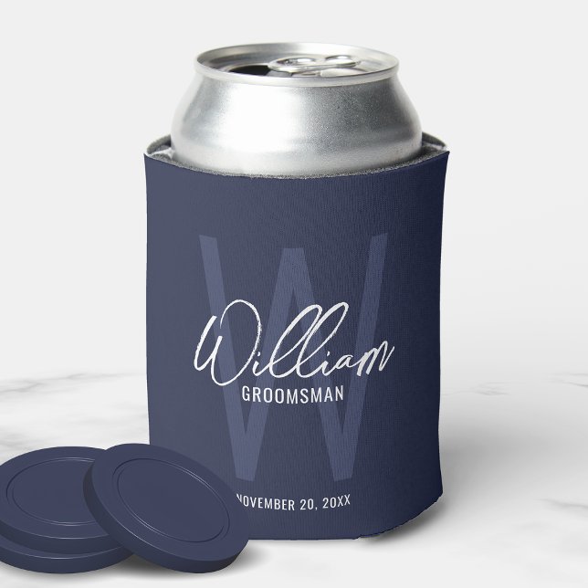 Navy Blue Modern Script Personalised Groomsmen Can Cooler (Creator Uploaded)