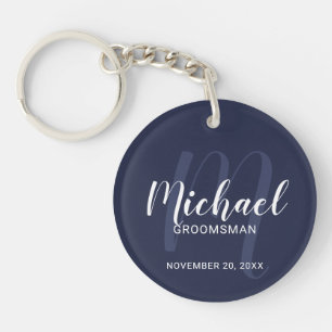 Navy Blue Modern Script Personalised Groomsmen Key Ring