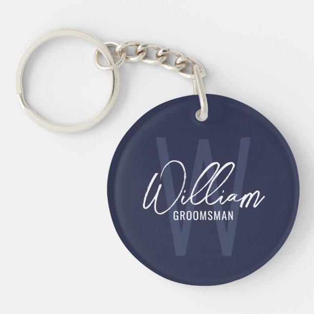 Navy Blue Modern Script Personalised Groomsmen Key Ring (Front)