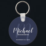 Navy Blue Modern Script Personalised Groomsmen Key Ring<br><div class="desc">Add a personal touch to your wedding with personalised groomsmen keychain. This keychain features personalised groomsmen's name in white modern script font style and monogram in light navy blue modern script font style as background with title and wedding date in white modern sans serif font style on navy blue background....</div>