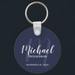 Navy Blue Modern Script Personalised Groomsmen Key Ring<br><div class="desc">Add a personal touch to your wedding with personalised groomsmen keychain. This keychain features personalised groomsmen's name in white modern script font style and monogram in light navy blue modern script font style as background with title and wedding date in white modern sans serif font style on navy blue background....</div>