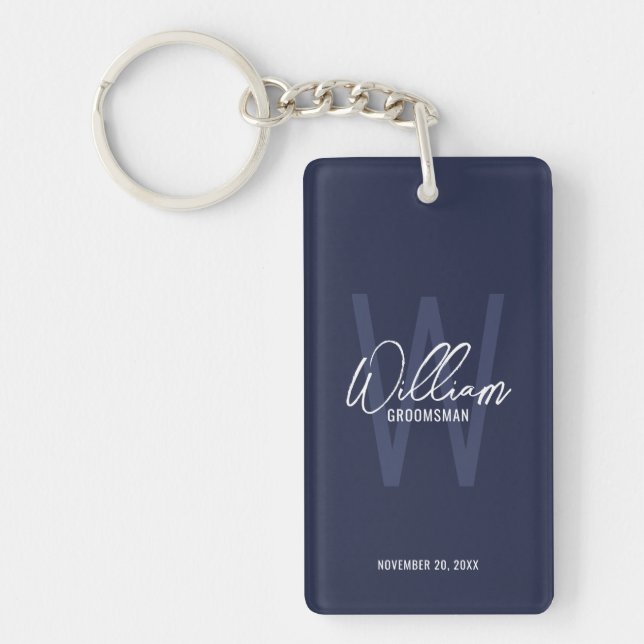 Navy Blue Modern Script Personalised Groomsmen  Key Ring (Front)