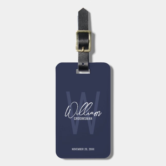 Navy Blue Modern Script Personalised Groomsmen Luggage Tag (Front Vertical)