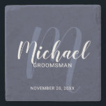 Navy Blue Modern Script Personalised Groomsmen Stone Coaster<br><div class="desc">Add a personal touch to your wedding with personalised groomsmen stone coaster. This coaster features personalised groomsmen's name in white modern script font style and monogram in light blue modern script font style as background with title and wedding date in white modern sans serif font style on navy blue background....</div>