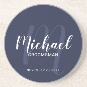 Navy Blue Modern Script Personalized Groomsmen Coaster
