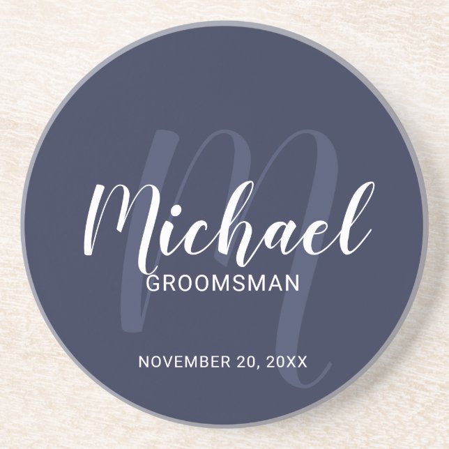 Navy Blue Modern Script Personalized Groomsmen Coaster (Front)