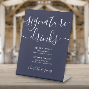 Navy Blue Modern Script Wedding Signature Drinks Pedestal Sign