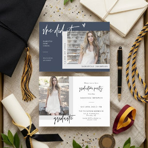Navy Blue Modern She Did It Grad Photo Invitation