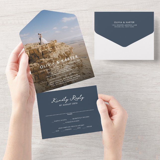 Navy Blue Modern Simple Romantic Photo Wedding All In One Invitation (Creator Uploaded)